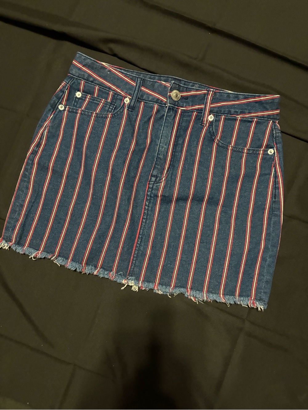American Eagle Outfitters Navy Denim Mini Skirt with Red & White Stripes